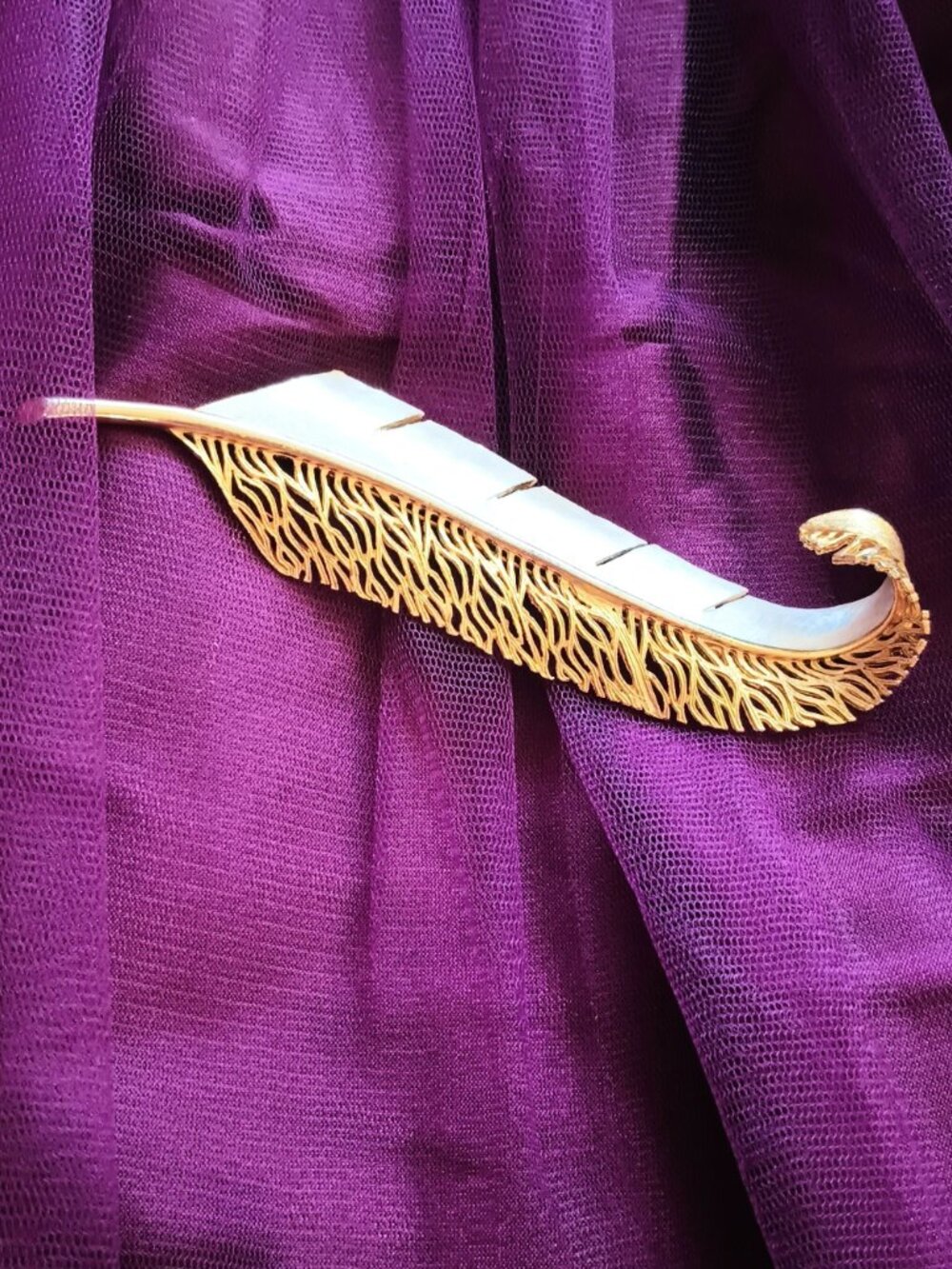 Gold & Pearl White Feather Brooch Vintage Large Plume Quill Open Work Pin